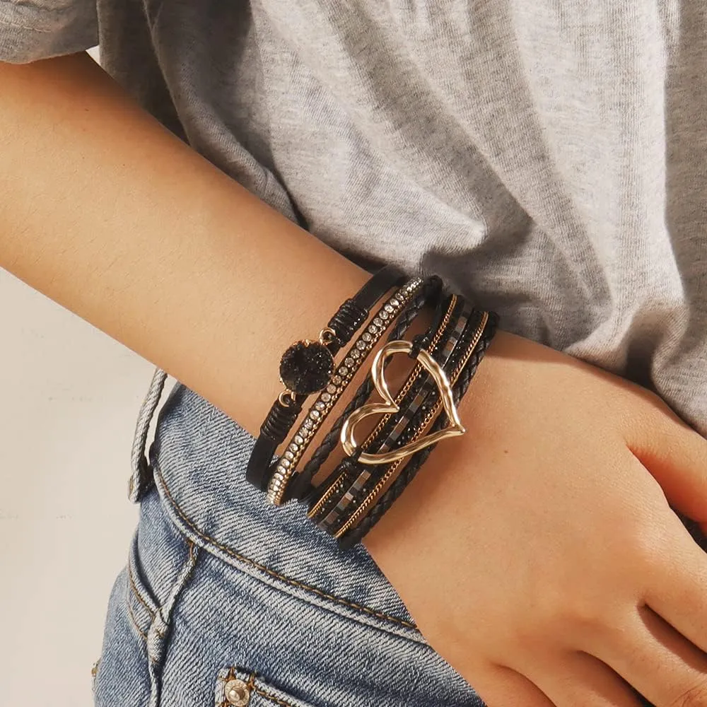 choice of all Boho Bracelets for Women Heart Bracelets for Women Leather Warp Bracelet Layered Heart Leather Chunky Bangle Stack Trendy Jewelry Birthday Gifts