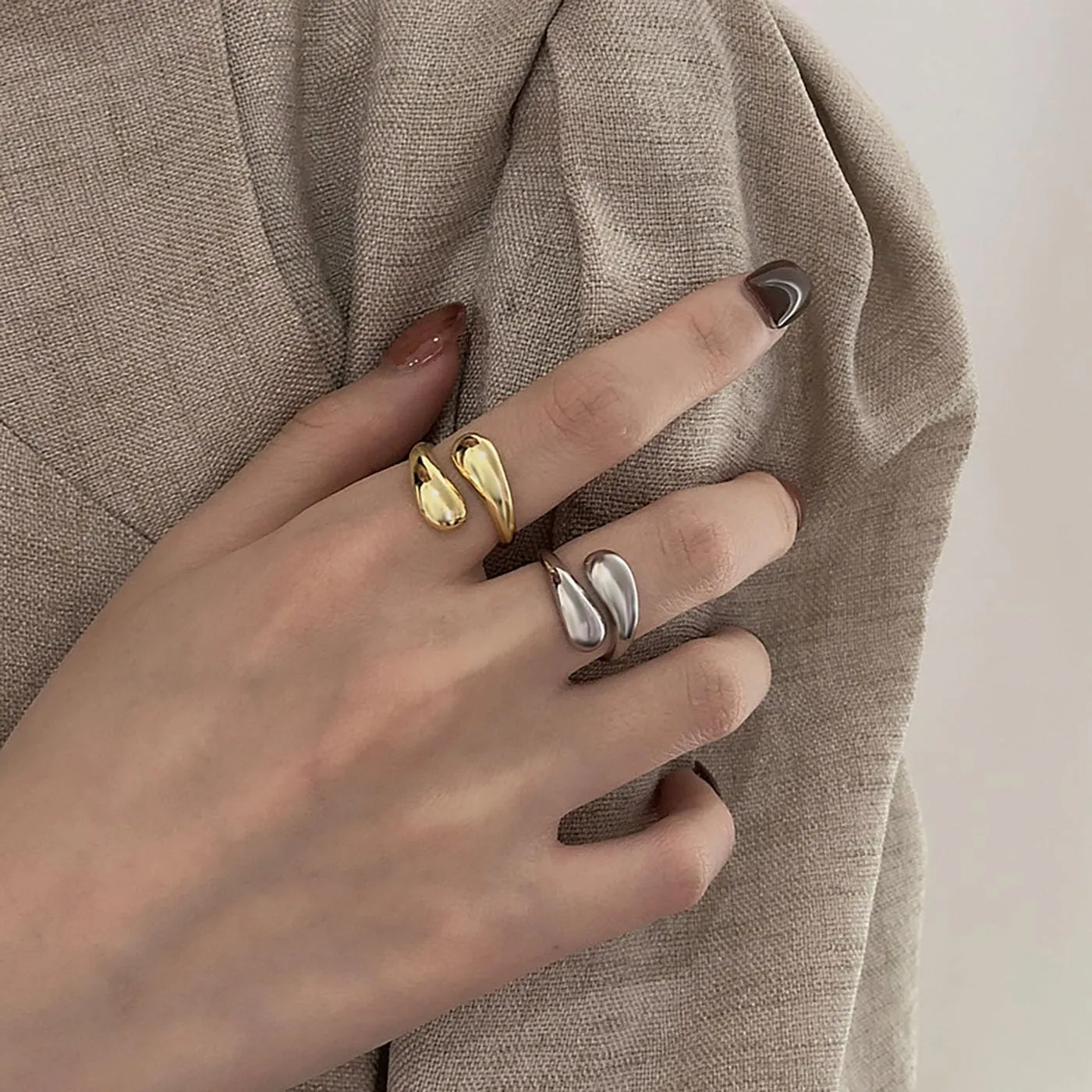 Chunky Gold Rings for Women - Adjustable Set With Thick Dome and Statement Open Rings