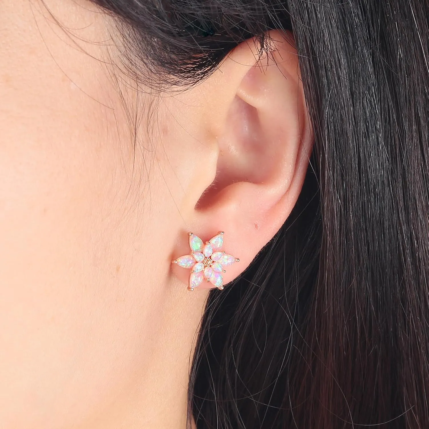 CiNily Flower Opal Stud Earrings for Women Hypoallergenic, 14K Gold Plated Flower Earrings Opal Jewelry, Floral Ear Studs Gift for Teen