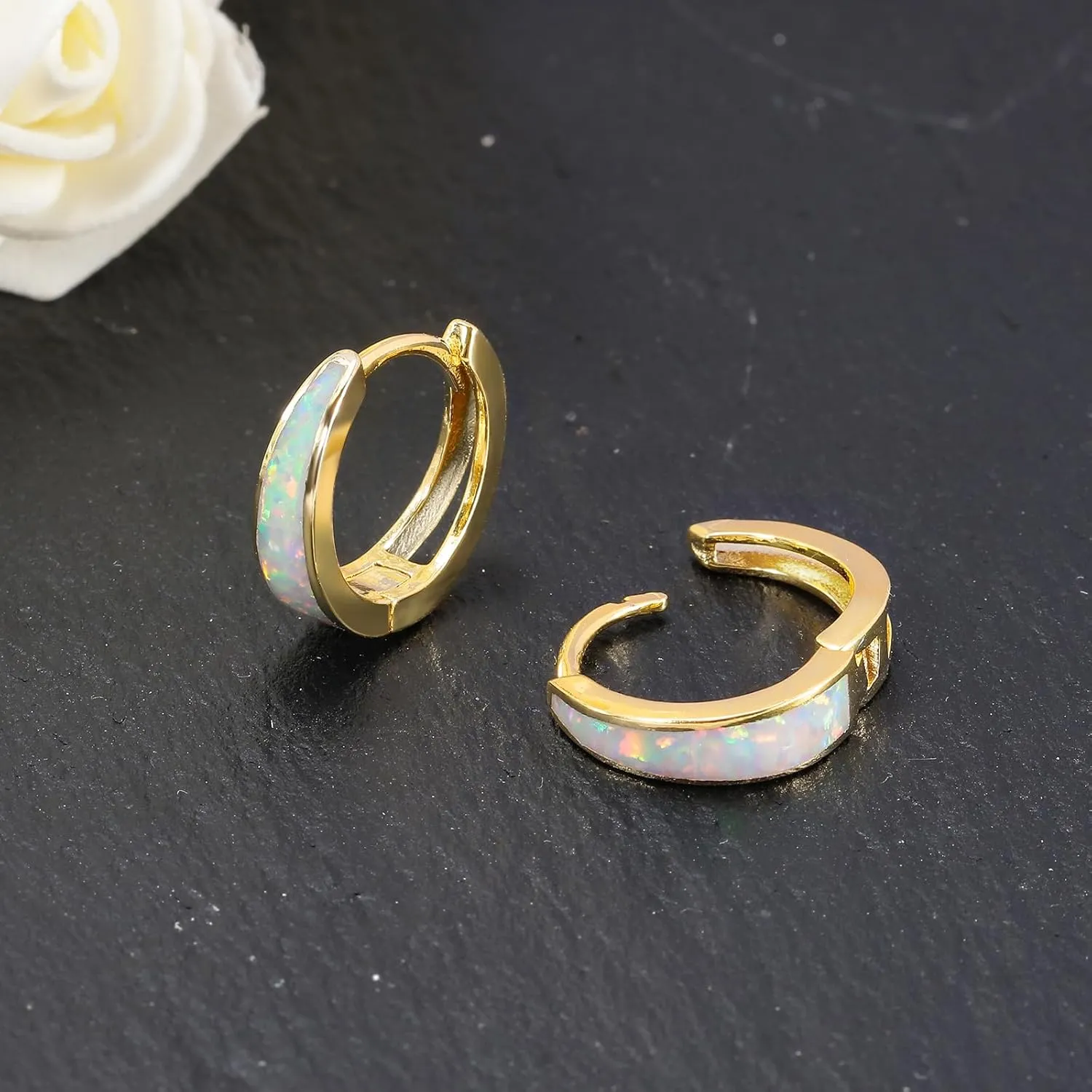CiNily Opal Earrings, Small Gold Hoop Earrings for Women Trendy 14k White Gold Plated Huggie Hoop Earrings Silver Chunky Earrings Gold Opal Jewelry Gift for Mothers Day Birthday Daily, 12/15 MM
