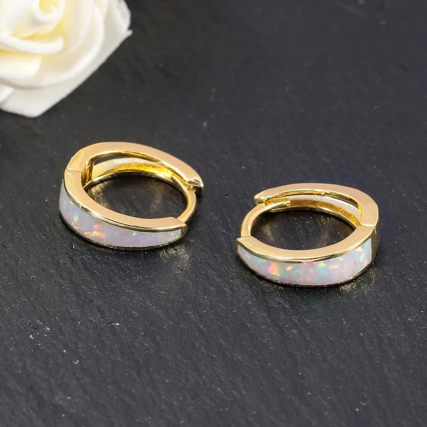 CiNily Opal Earrings, Small Gold Hoop Earrings for Women Trendy 14k White Gold Plated Huggie Hoop Earrings Silver Chunky Earrings Gold Opal Jewelry Gift for Mothers Day Birthday Daily, 12/15 MM