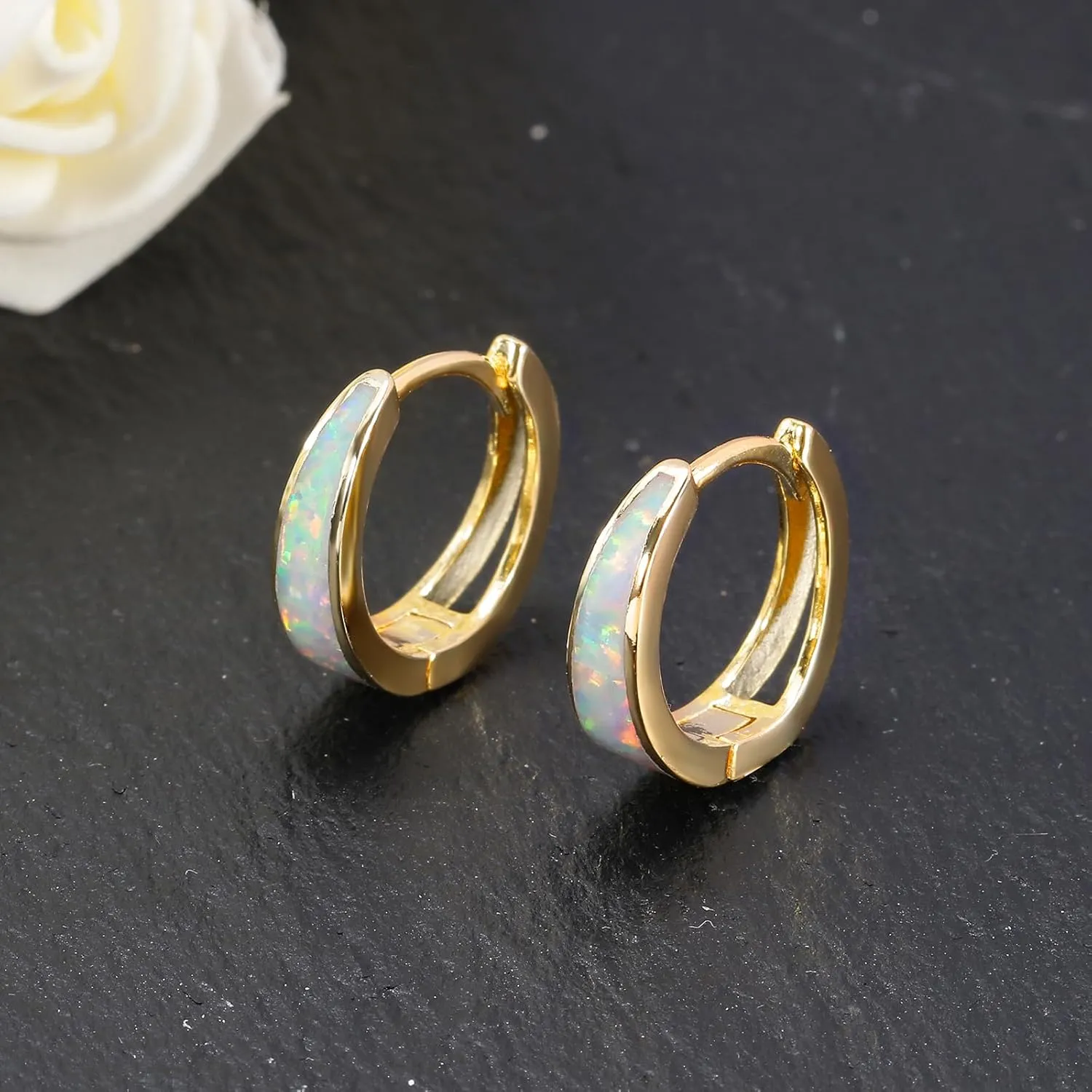 CiNily Opal Earrings, Small Gold Hoop Earrings for Women Trendy 14k White Gold Plated Huggie Hoop Earrings Silver Chunky Earrings Gold Opal Jewelry Gift for Mothers Day Birthday Daily, 12/15 MM