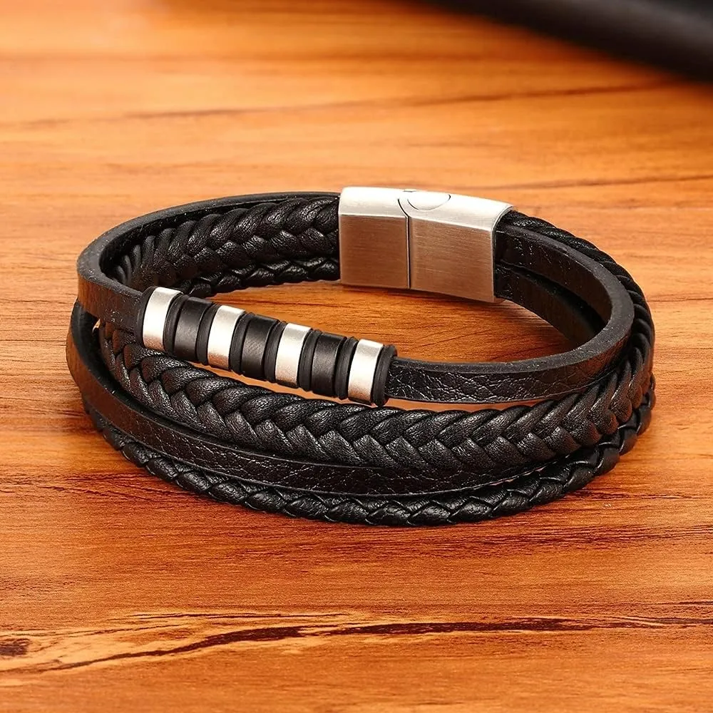 Classic Multi-layer Luxury Style Stainless Steel Men's Leather Bracelet Hand-woven 36205 (Brown and Gold-23cm)