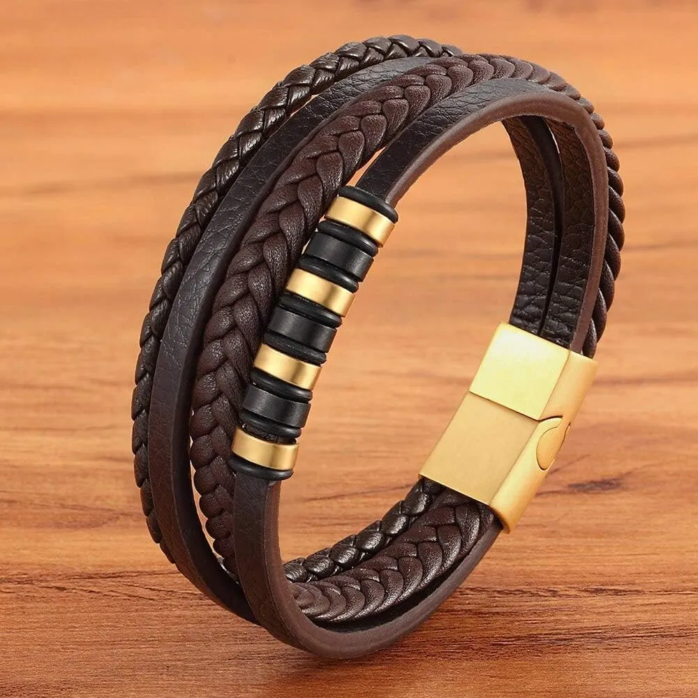 Classic Multi-layer Luxury Style Stainless Steel Men's Leather Bracelet Hand-woven 36205 (Brown and Gold-23cm)