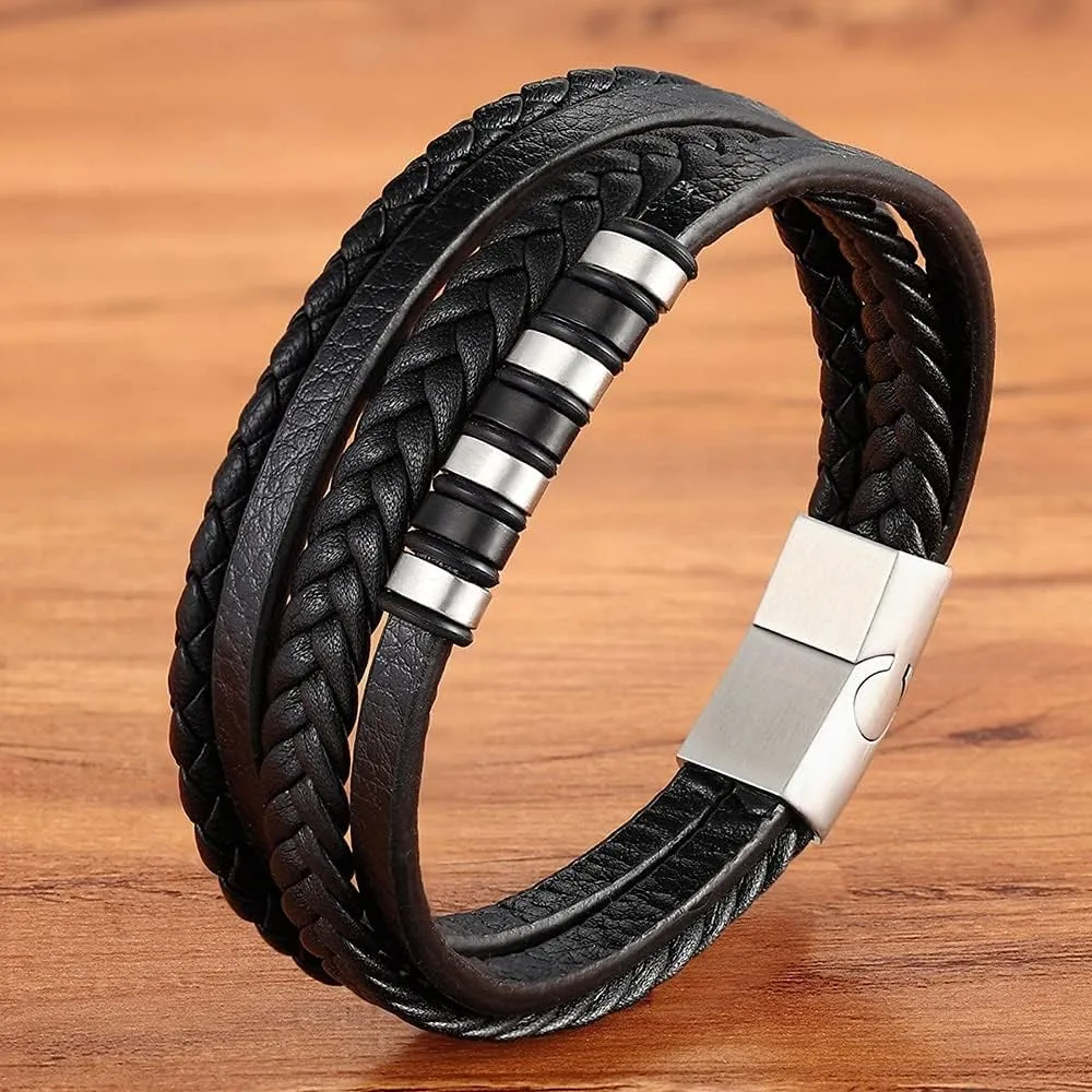 Classic Multi-layer Luxury Style Stainless Steel Men's Leather Bracelet Hand-woven 36205 (Brown and Gold-23cm)