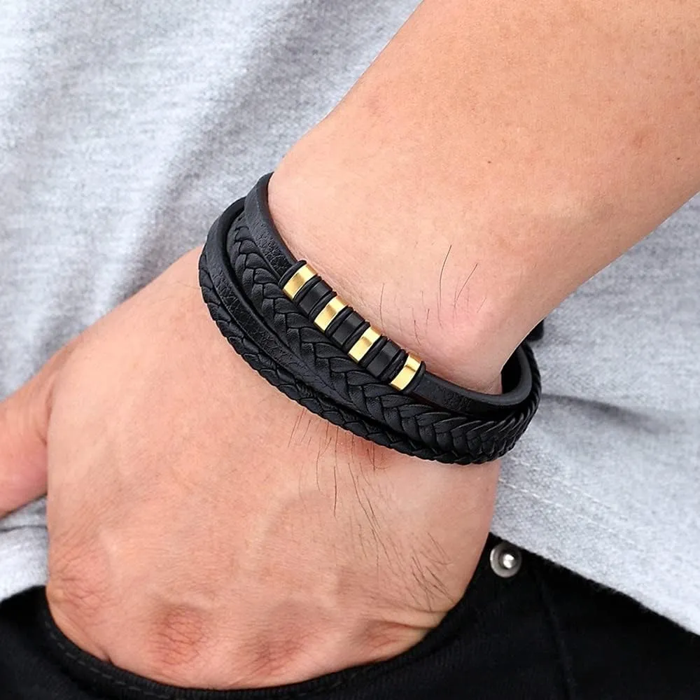 Classic Multi-layer Luxury Style Stainless Steel Men's Leather Bracelet Hand-woven 36205 (Brown and Gold-23cm)