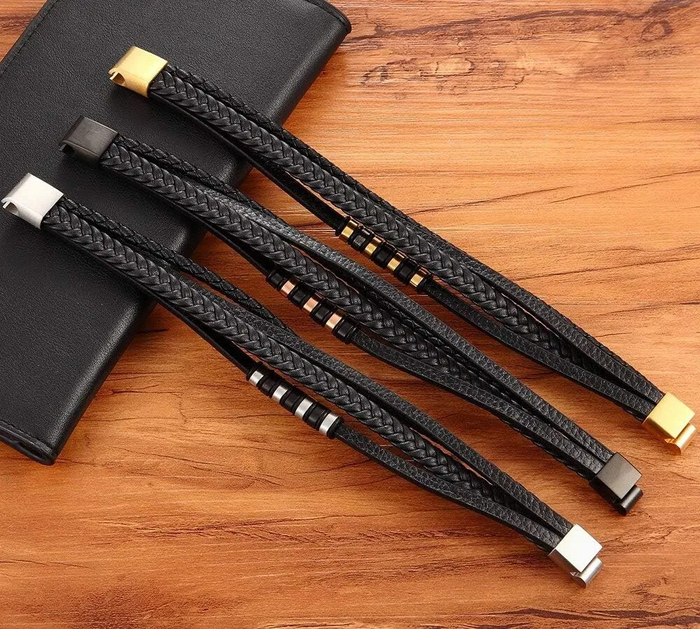 Classic Multi-layer Luxury Style Stainless Steel Men's Leather Bracelet Hand-woven 36205 (Brown and Gold-23cm)