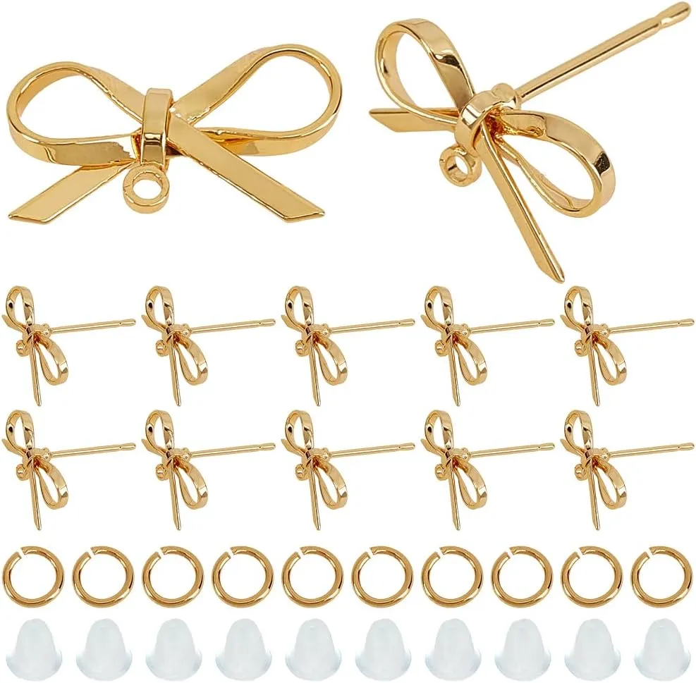 CREATCABIN 24 Pcs Bow Stud Earrings Small Gold Ribbon Stud Earrings 18K Gold Plated Earring Findings Coquette Aesthetic Dainty Trendy with Loops Wedding for Women Gifts Valentines Day 1.0x1.5cm