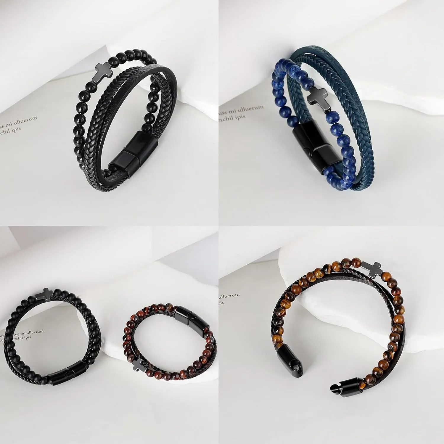 Cross Leather Beaded Bracelet for Men - Tiger Eye Bracelet Men Leather Cuff Bracelet, Multi Layer Braided Leather Bracelet Bangles Chain for Men Christian Gift