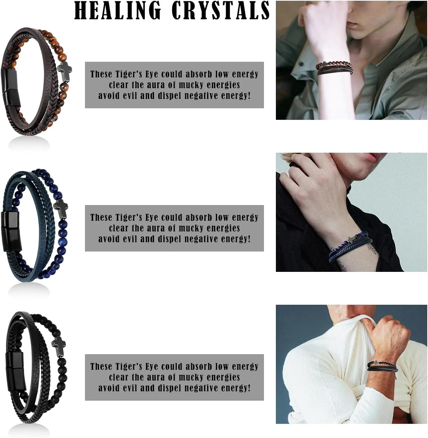 Cross Leather Beaded Bracelet for Men - Tiger Eye Bracelet Men Leather Cuff Bracelet, Multi Layer Braided Leather Bracelet Bangles Chain for Men Christian Gift