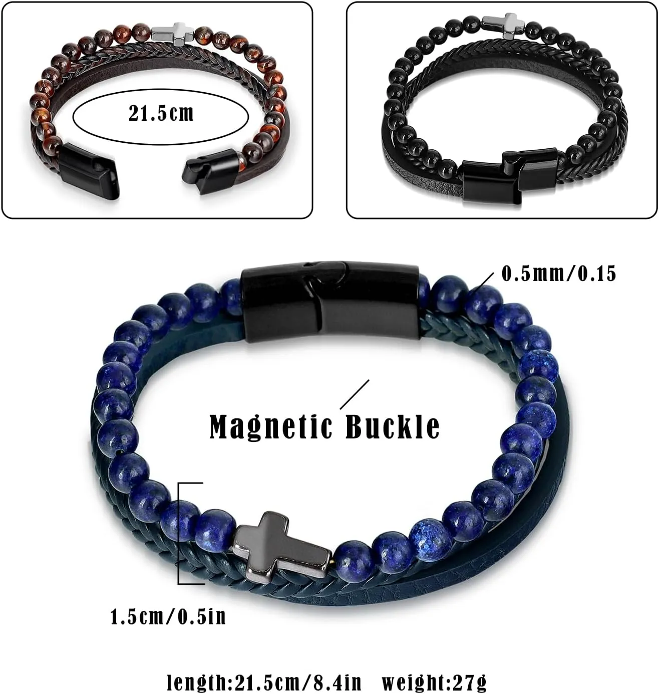 Cross Leather Beaded Bracelet for Men - Tiger Eye Bracelet Men Leather Cuff Bracelet, Multi Layer Braided Leather Bracelet Bangles Chain for Men Christian Gift