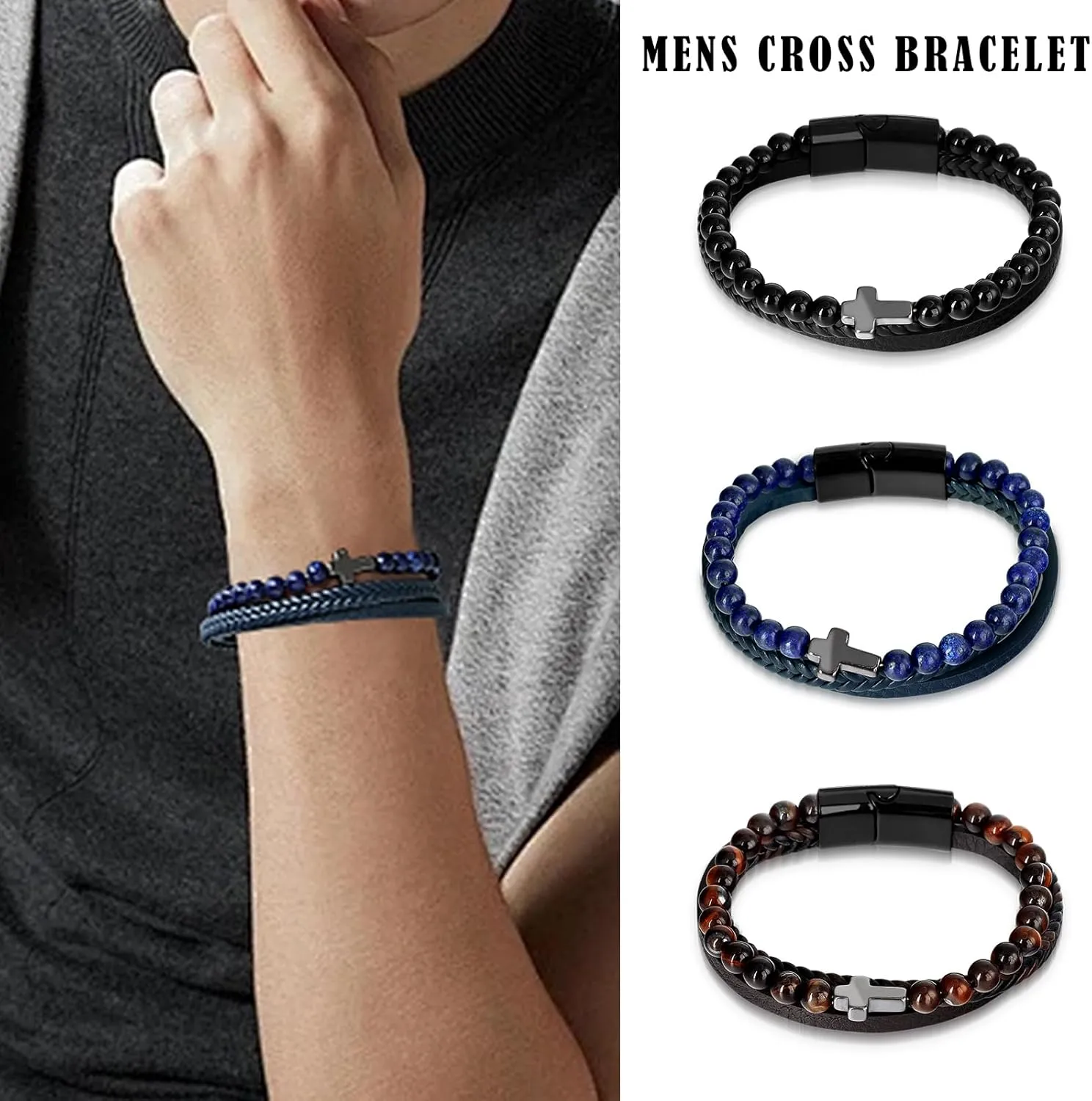 Cross Leather Beaded Bracelet for Men - Tiger Eye Bracelet Men Leather Cuff Bracelet, Multi Layer Braided Leather Bracelet Bangles Chain for Men Christian Gift