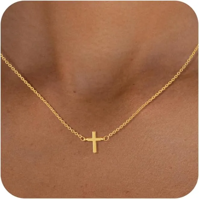 Cross Necklace for Women, 14K Gold Plated Cross Pendant Necklace Dainty Cross Charm Link Chain Choker Faith Jewelry Religious Gifts