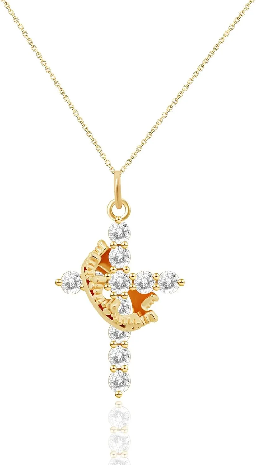 Cross Necklace for Women, Stainless Steels Plated Gold Cross Necklace for Women, Trendy Crown Cross Pendant Necklace Simple Necklaces with Cubic Zirconia