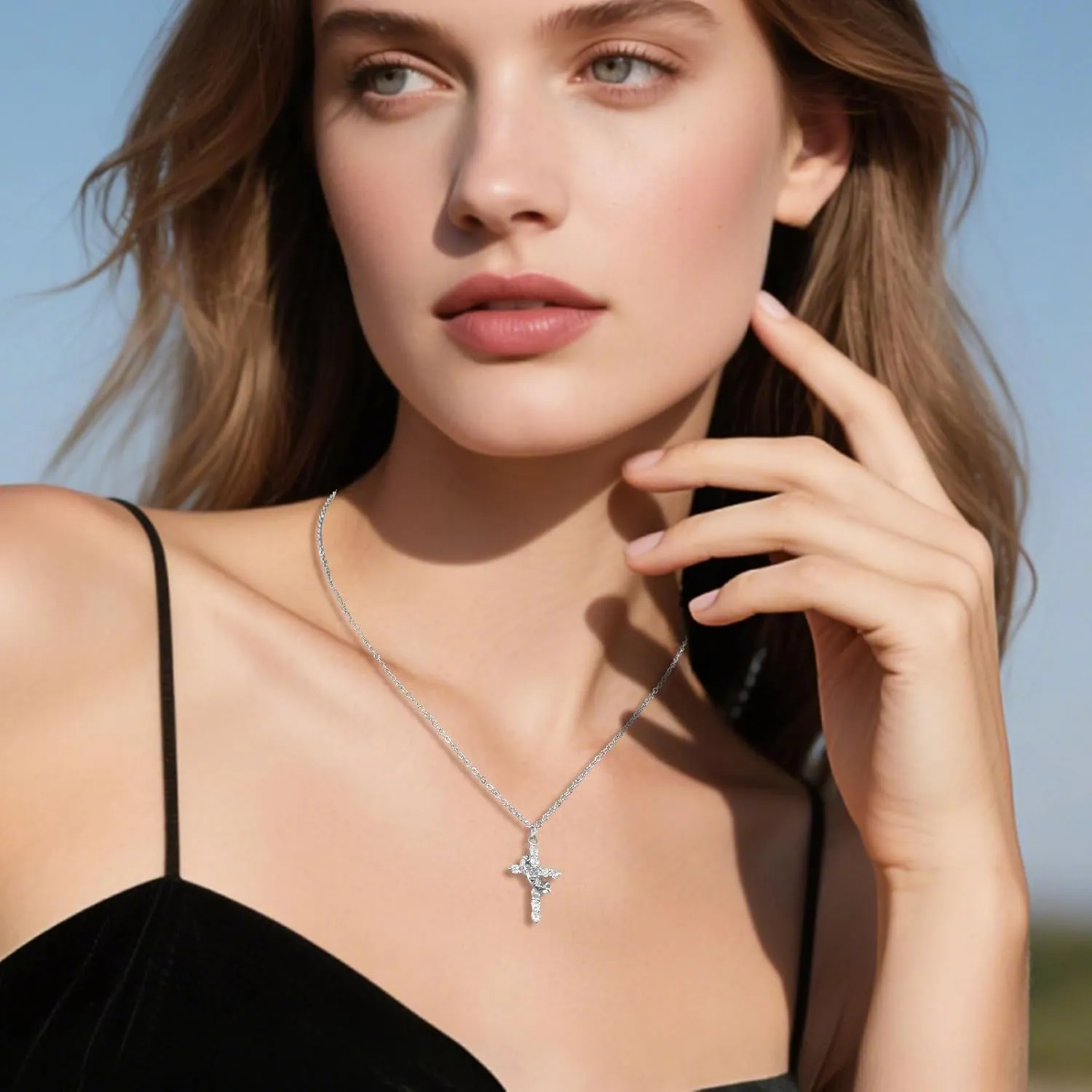 Cross Necklace for Women, Stainless Steels Plated Gold Cross Necklace for Women, Trendy Crown Cross Pendant Necklace Simple Necklaces with Cubic Zirconia