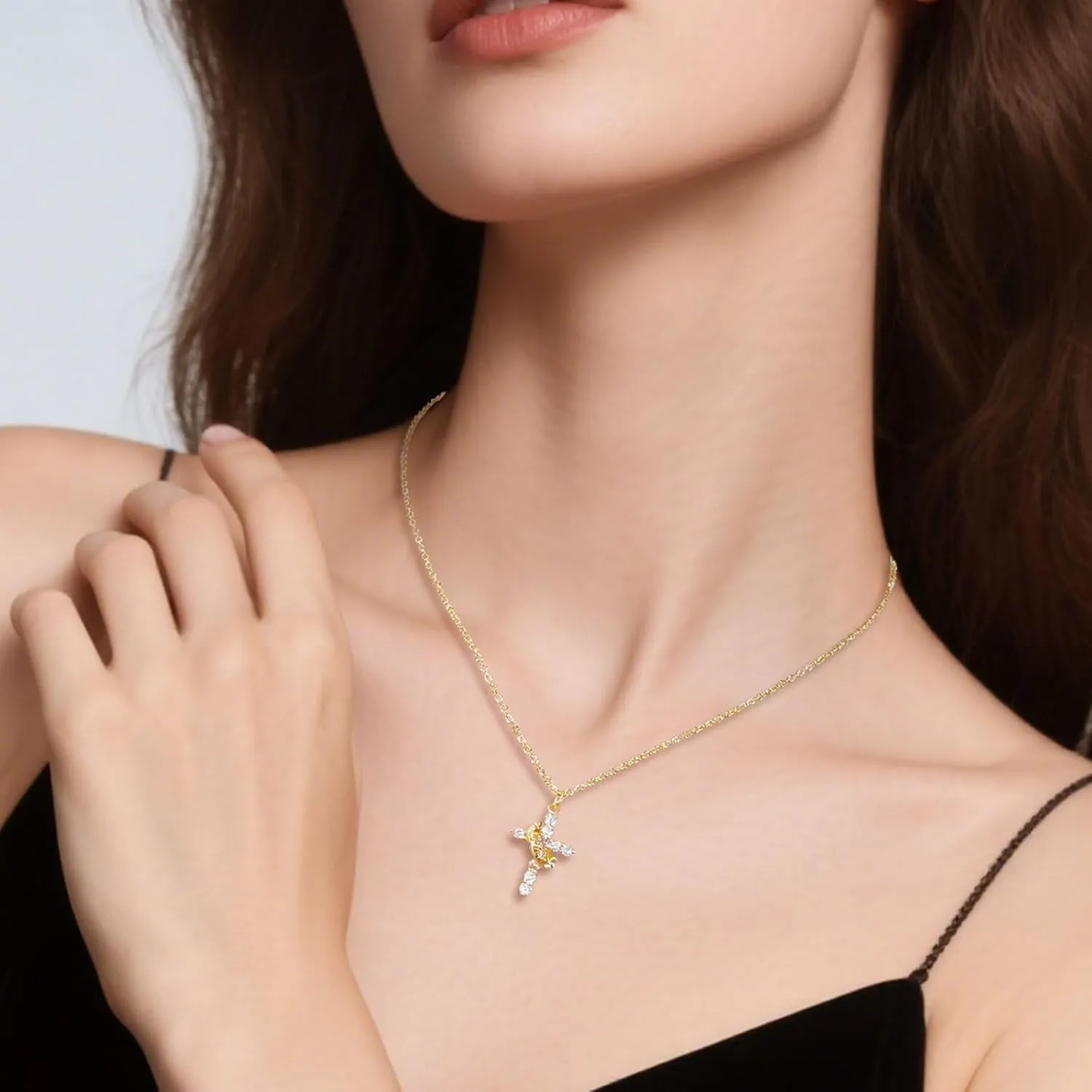 Cross Necklace for Women, Stainless Steels Plated Gold Cross Necklace for Women, Trendy Crown Cross Pendant Necklace Simple Necklaces with Cubic Zirconia
