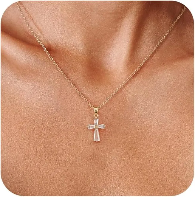 Cross Necklace for Women,Double Cross Necklace 14K Gold Plated Cross Pendant Necklace Dainty Gold Cross Necklaces for Women Trendy Small Cross Charm Necklace Simple Cute Choker Necklaces Gold Jewery