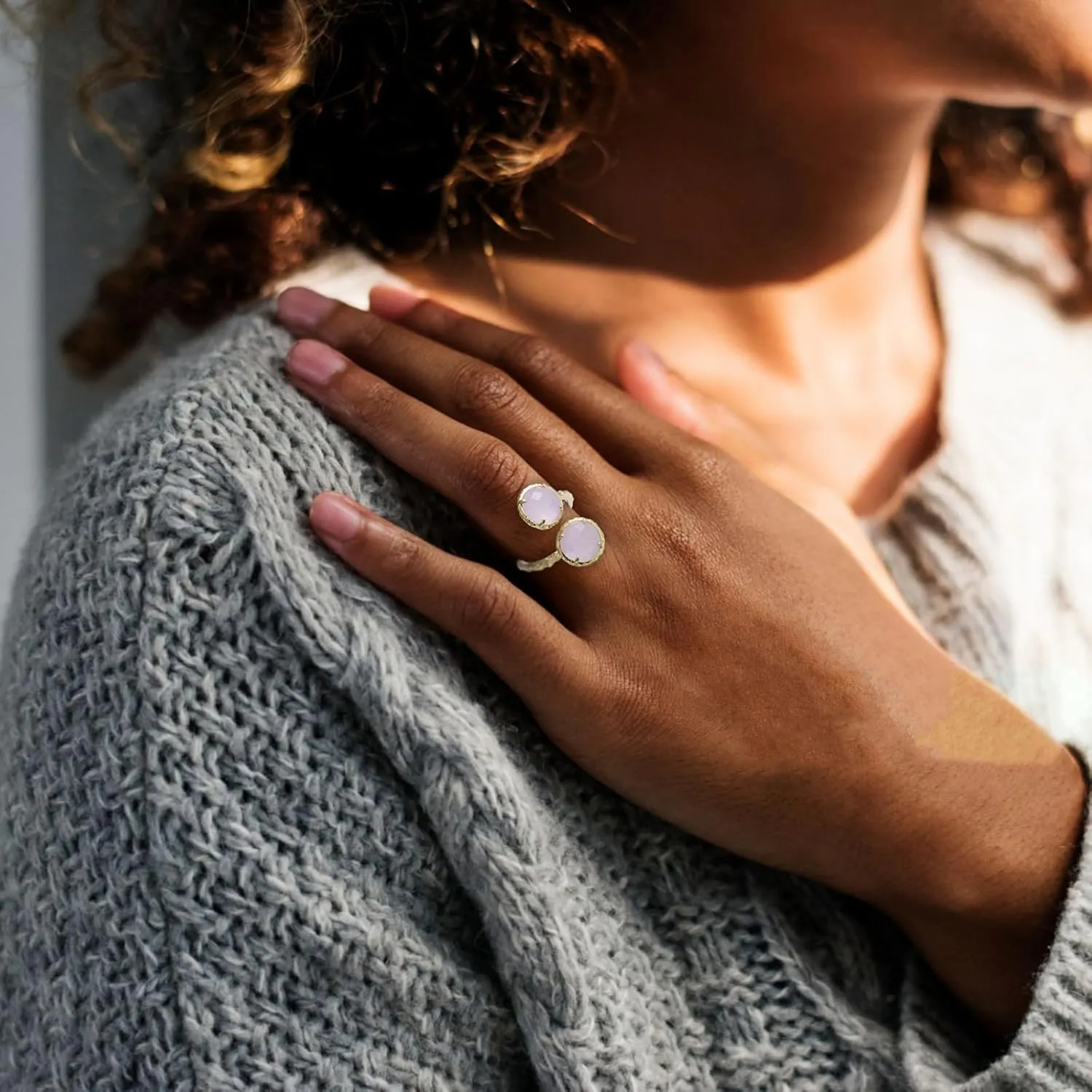 Crystal Rings, Natural Amazonite Rose Quartz Sunstone Amethyst Rings for Women, Double Round Faceted Gemstone Rings, 14K Gold Plated Adjustable Ring, Western Boho Vintage Rings for Mother.