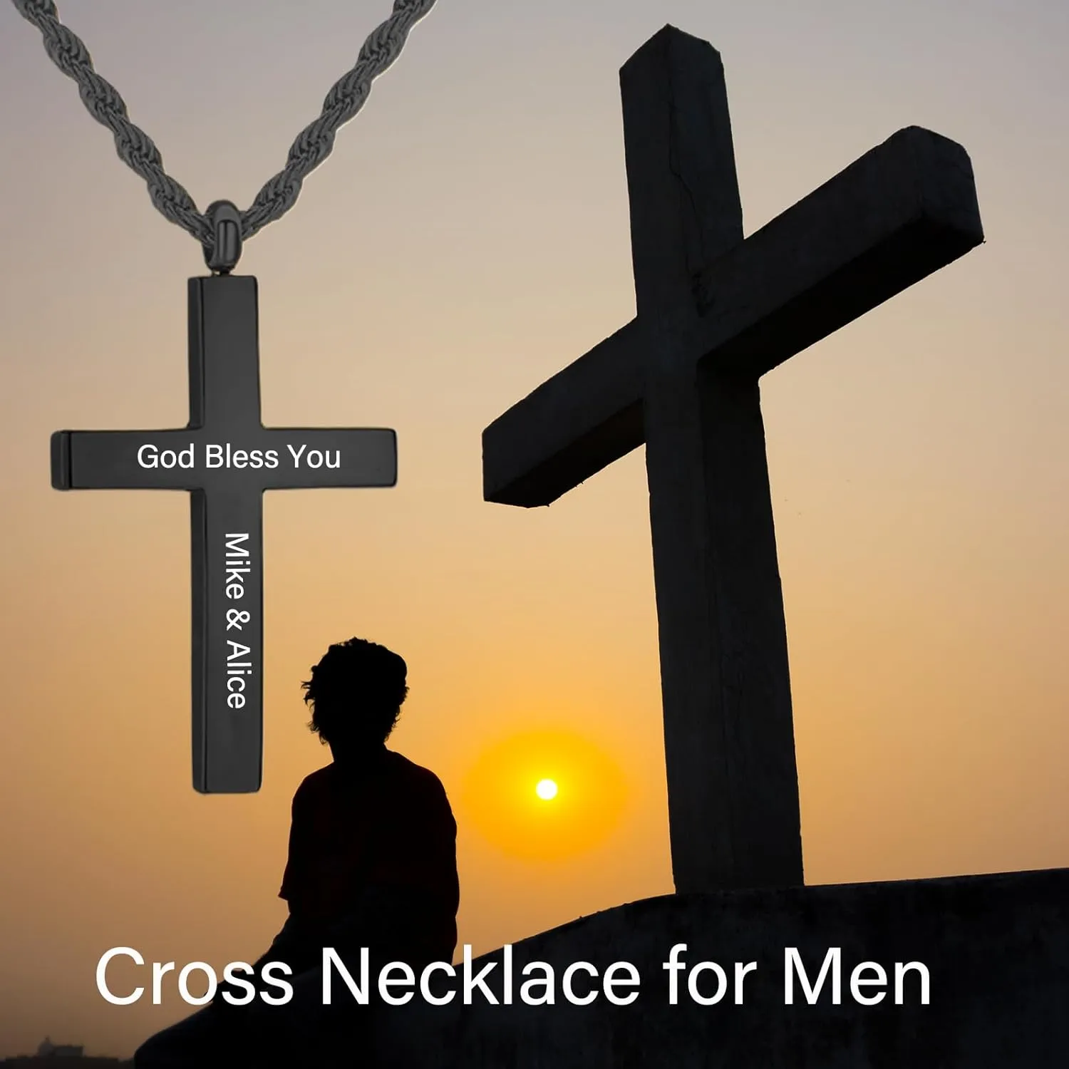 Custom Cross Necklace for Men 925 Sterling Silver or 9K 10K 14K 18K 24K Gold Cross Pendant Necklace Men's Personalized Name Cross Necklaces Birthday Valentines Customized Jewelry for Men