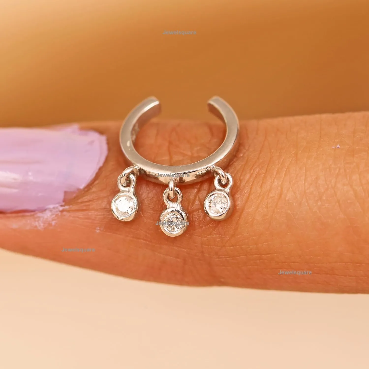 CZ Diamond Drop Cuff Earring, 925 Sterling Silver CZ Diamond Hanging Earring,Valentine's Day Gift, Dainty Cuff Earring, Bezel Set Cuff Earring,3 Gemstone Hoop Earring, Daily Wear Hoop, Birthday Gift For Her