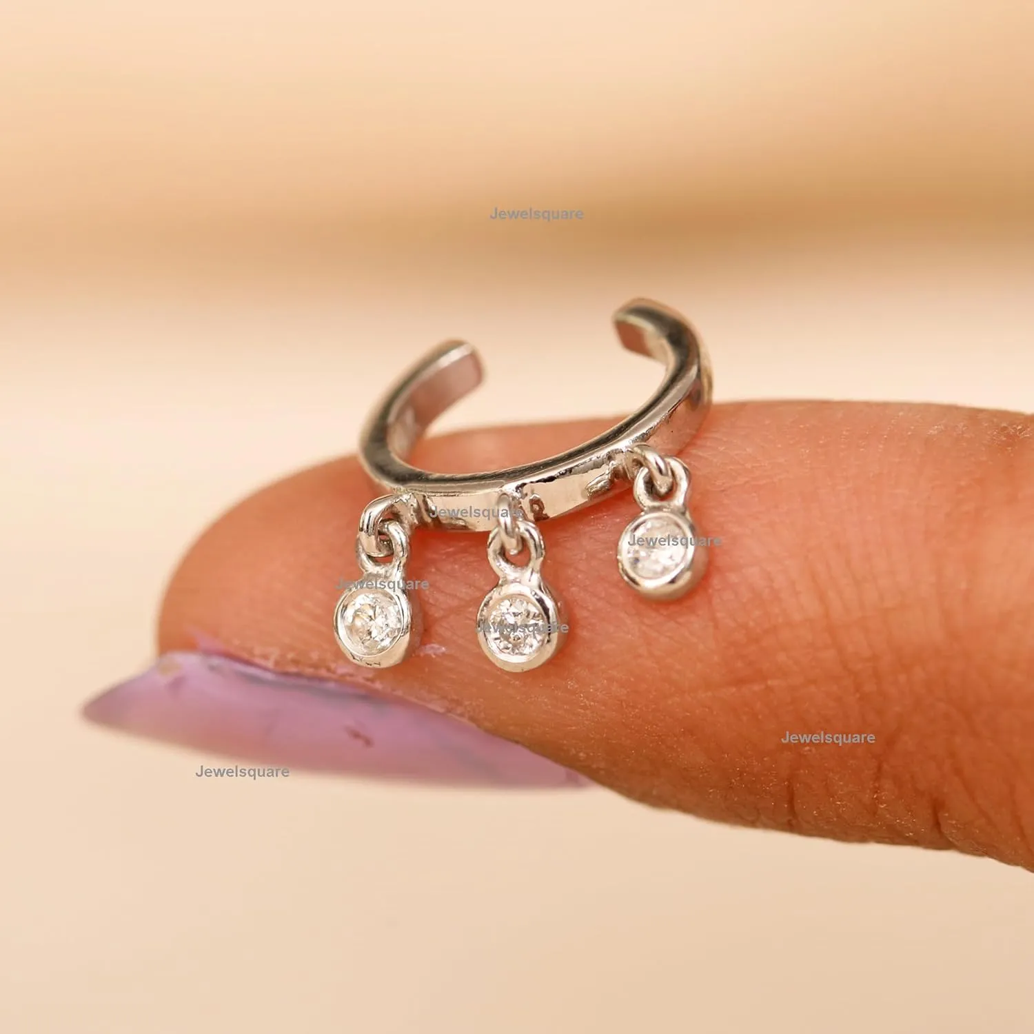 CZ Diamond Drop Cuff Earring, 925 Sterling Silver CZ Diamond Hanging Earring,Valentine's Day Gift, Dainty Cuff Earring, Bezel Set Cuff Earring,3 Gemstone Hoop Earring, Daily Wear Hoop, Birthday Gift For Her