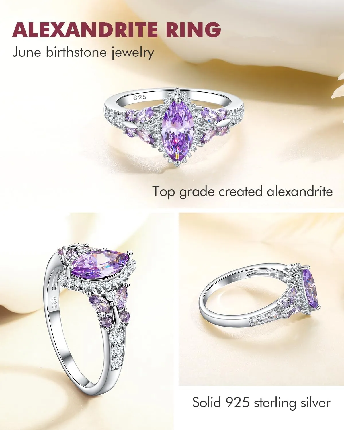 DAYBYDAY Butterfly Birthstone Rings for Women, 925 Sterling Silver Created Gemstone 5A Cubic Zirconia Cushion/Marquise Engagement Ring, 2ct Halo Promise Rings for Her Anniversary Wedding Jewerly