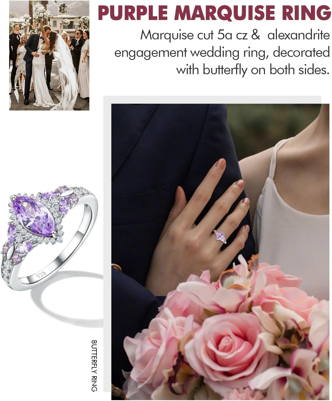 DAYBYDAY Butterfly Birthstone Rings for Women, 925 Sterling Silver Created Gemstone 5A Cubic Zirconia Cushion/Marquise Engagement Ring, 2ct Halo Promise Rings for Her Anniversary Wedding Jewerly