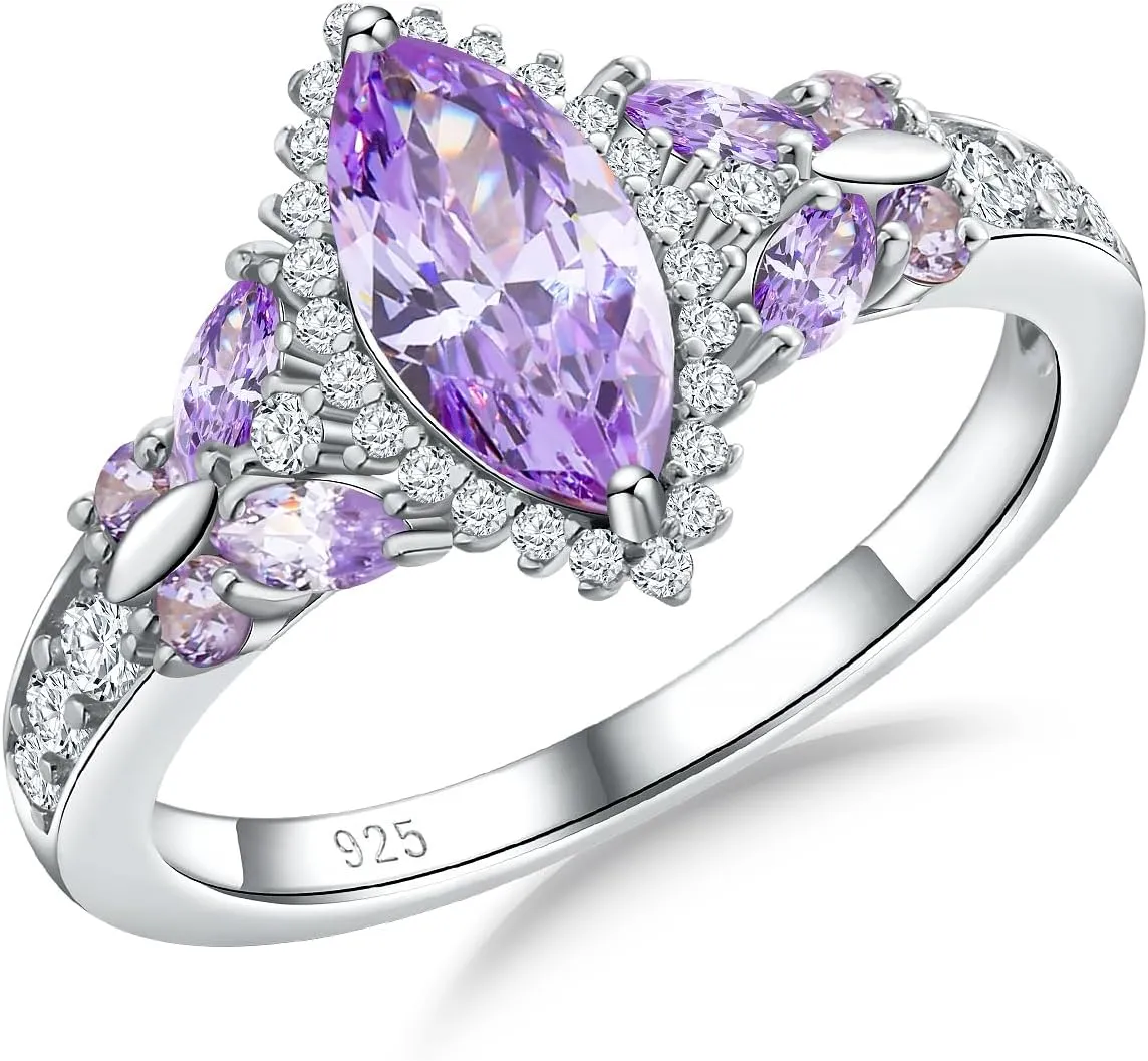 DAYBYDAY Butterfly Birthstone Rings for Women, 925 Sterling Silver Created Gemstone 5A Cubic Zirconia Cushion/Marquise Engagement Ring, 2ct Halo Promise Rings for Her Anniversary Wedding Jewerly