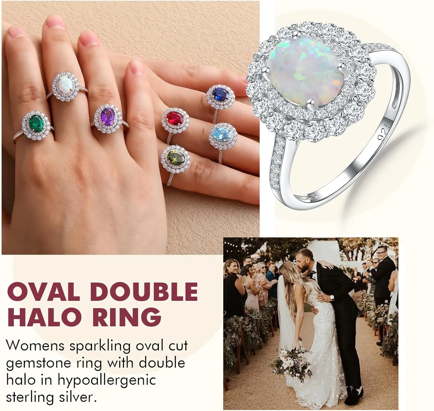 DAYBYDAY Oval Birthstone Rings for Women, 925 Sterling Silve Ruby/Sapphire/Emerald Double Halo Engagement Wedding Ring, 3ct-4ct Big Cockatil Rings