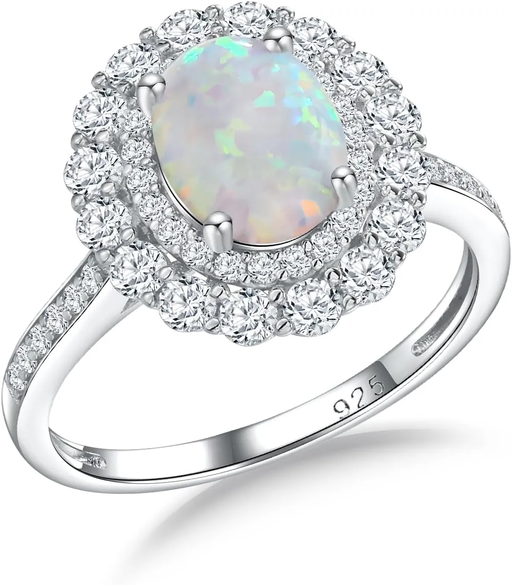 DAYBYDAY Oval Birthstone Rings for Women, 925 Sterling Silve Ruby/Sapphire/Emerald Double Halo Engagement Wedding Ring, 3ct-4ct Big Cockatil Rings