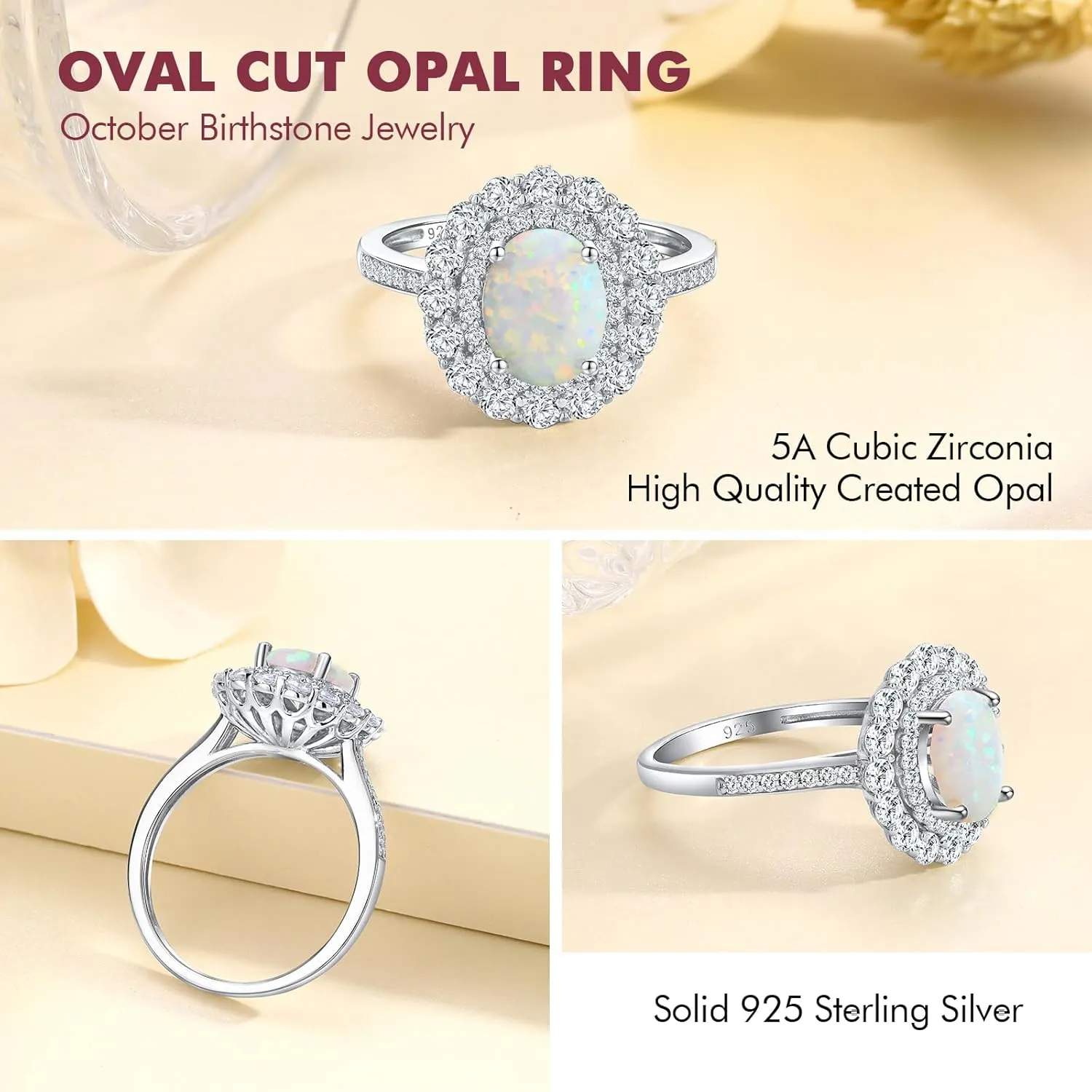 DAYBYDAY Oval Birthstone Rings for Women, 925 Sterling Silve Ruby/Sapphire/Emerald Double Halo Engagement Wedding Ring, 3ct-4ct Big Cockatil Rings