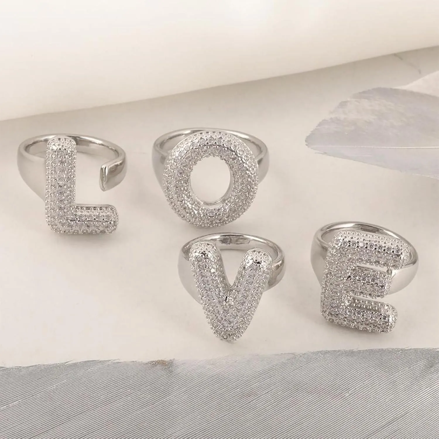 Dcfywl731 2PCS Initial Ring for Women - 14K Gold Plated Rhinestone Silver Chunky Ballon Letter Ring - Open Adjustable Puffy Personalized Birthday Jewelry Gifts - Trendy Stuff