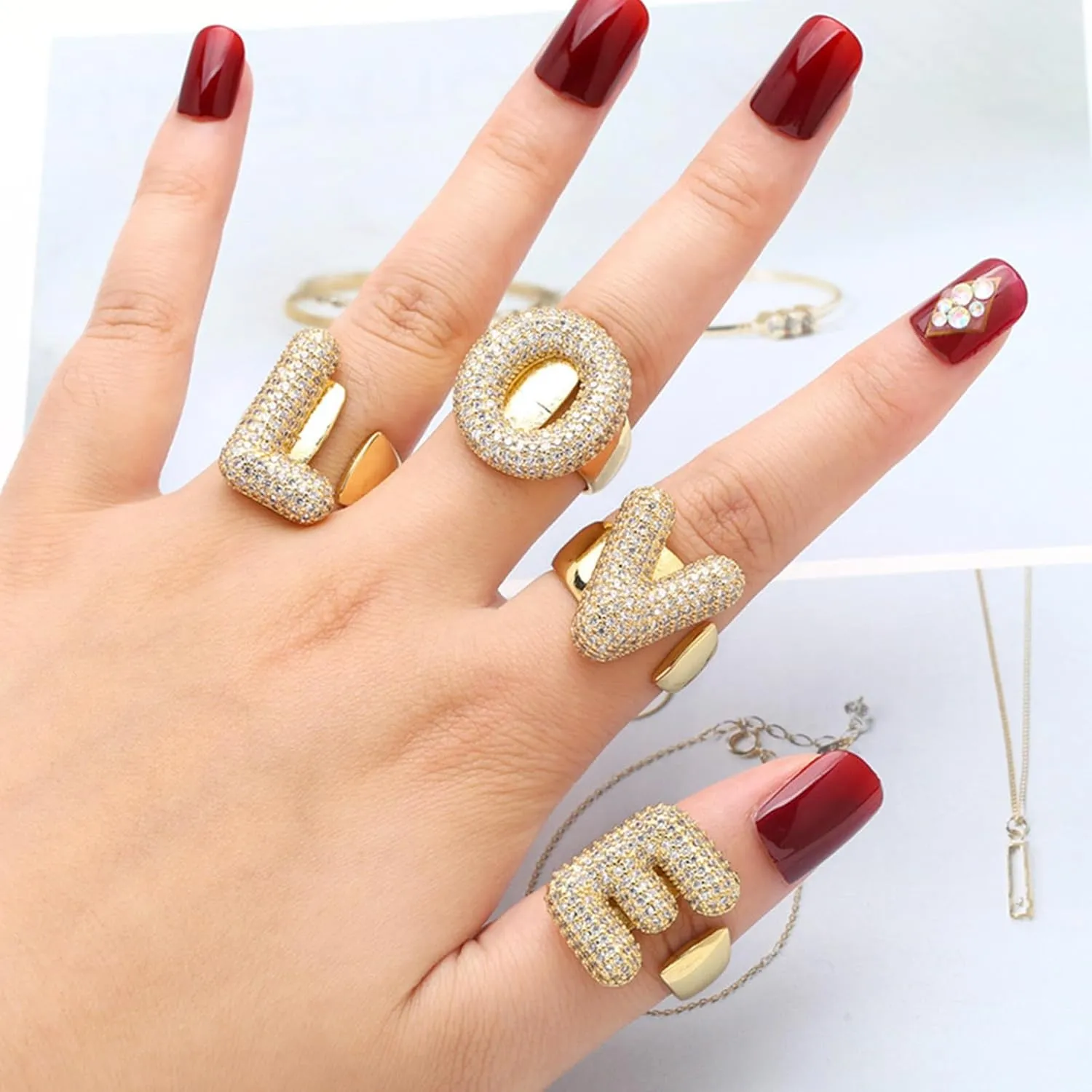 Dcfywl731 2PCS Initial Ring for Women - 14K Gold Plated Rhinestone Silver Chunky Ballon Letter Ring - Open Adjustable Puffy Personalized Birthday Jewelry Gifts - Trendy Stuff
