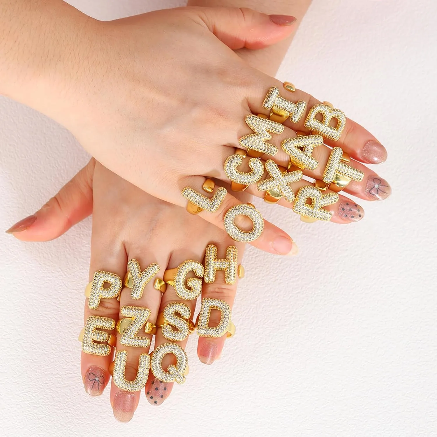 Dcfywl731 2PCS Initial Ring for Women - 14K Gold Plated Rhinestone Silver Chunky Ballon Letter Ring - Open Adjustable Puffy Personalized Birthday Jewelry Gifts - Trendy Stuff