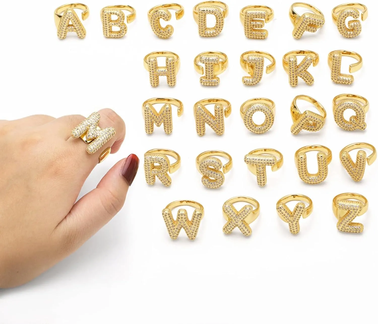 Dcfywl731 2PCS Initial Ring for Women - 14K Gold Plated Rhinestone Silver Chunky Ballon Letter Ring - Open Adjustable Puffy Personalized Birthday Jewelry Gifts - Trendy Stuff