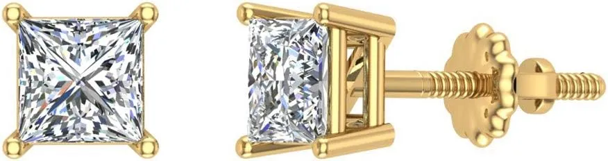Diamond Earrings for womens Princess Cut studs 14K Gold Gift Box Authenticity Cards