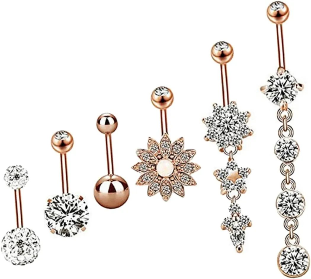 Didiseaon 6pc Women Belly Button Ring Set Navel Piercing Jewelry Crystal Stainless Steel Navel Rings for Wedding Party Beach
