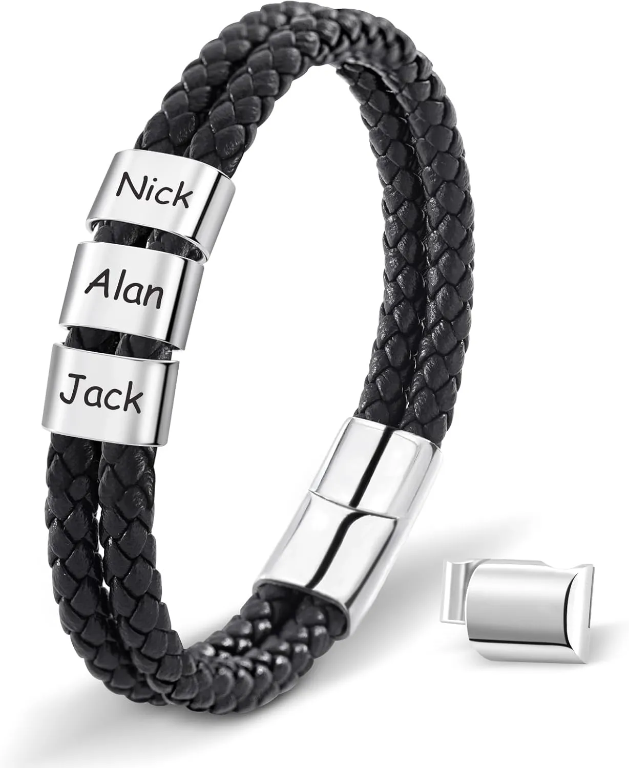 Dreamdecor Personalized Mens Leather Bracelet with Custom Beads - Engraved Names Jewelry, Customized Gifts for Dad Men
