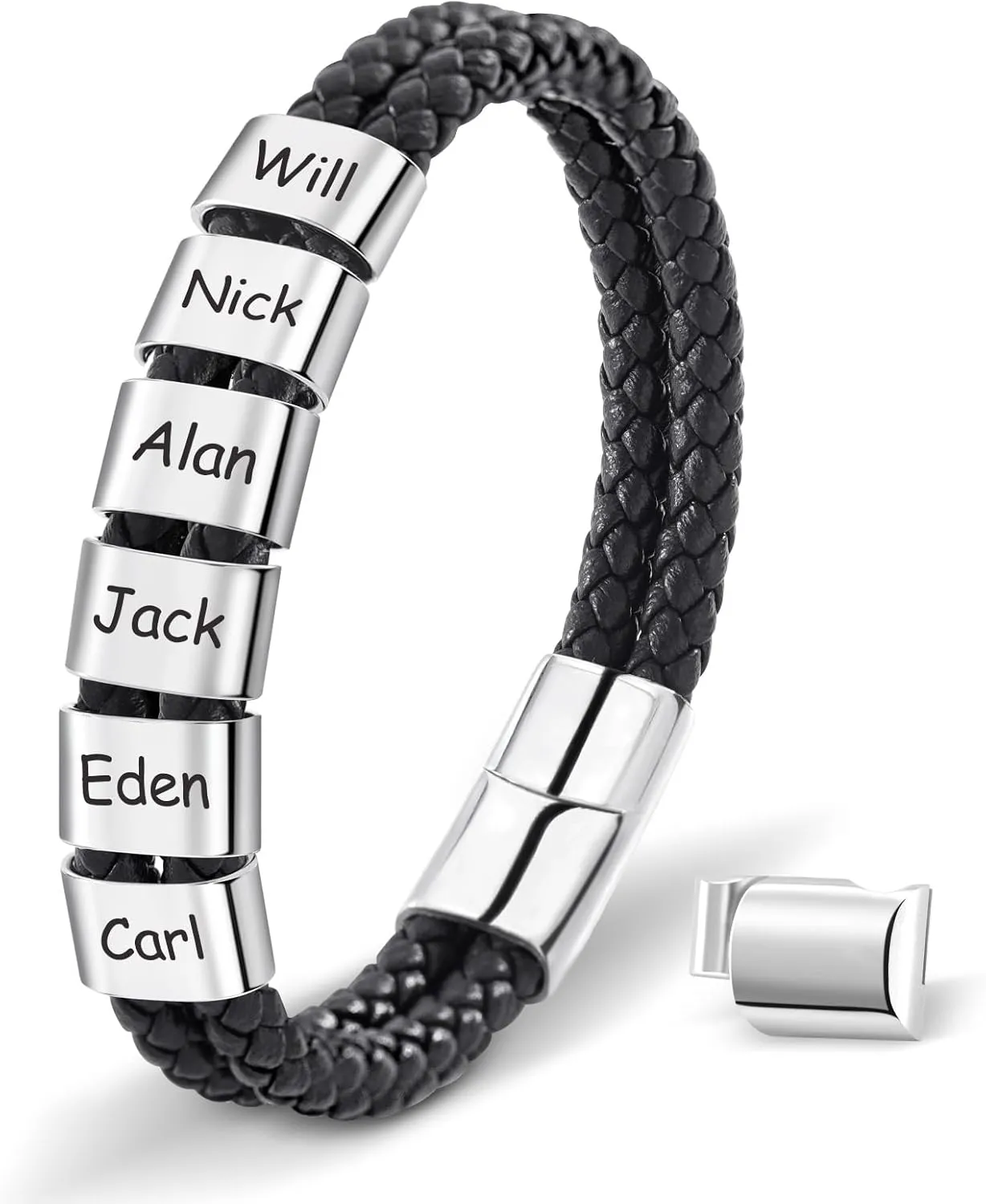 Dreamdecor Personalized Mens Leather Bracelet with Custom Beads - Engraved Names Jewelry, Customized Gifts for Dad Men