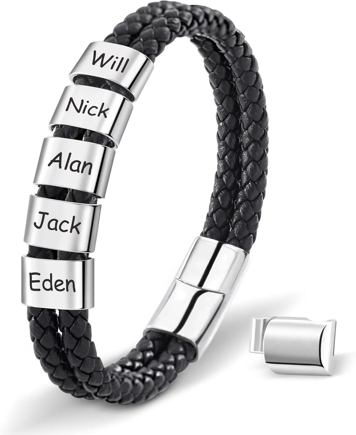 Dreamdecor Personalized Mens Leather Bracelet with Custom Beads - Engraved Names Jewelry, Customized Gifts for Dad Men