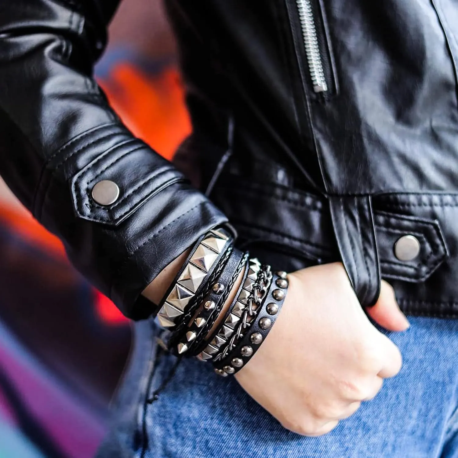 Eigso 6 Pcs Leather Bracelet Braided Wide Wristband Women Men Punk Rock Jewelry Skull