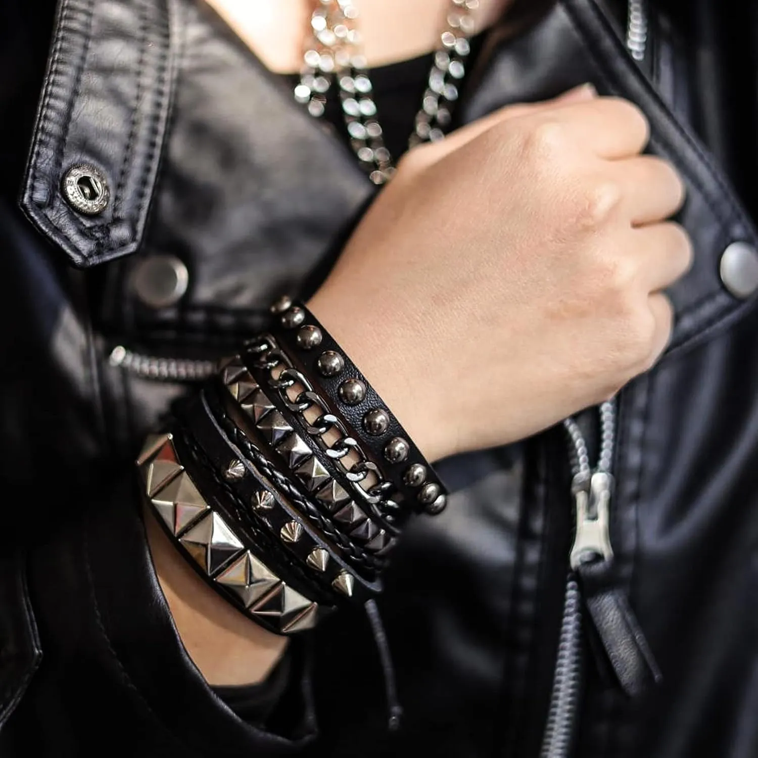 Eigso 6 Pcs Leather Bracelet Braided Wide Wristband Women Men Punk Rock Jewelry Skull