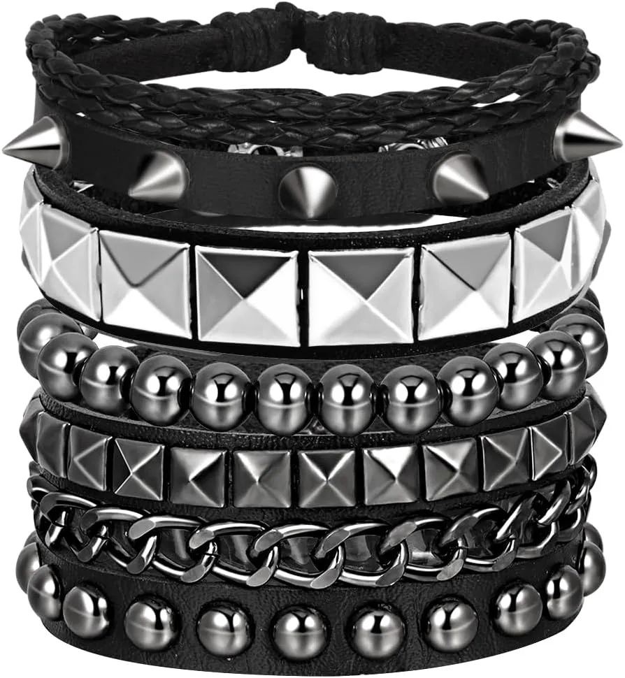 Eigso 6 Pcs Leather Bracelet Braided Wide Wristband Women Men Punk Rock Jewelry Skull
