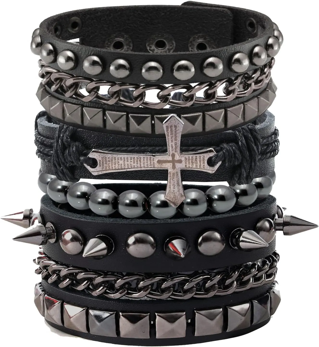 Eigso Leather Punk Rock Cuff Bracelets for Men Women Retro Vintage Chain 80s Wristband Set for Man Woman