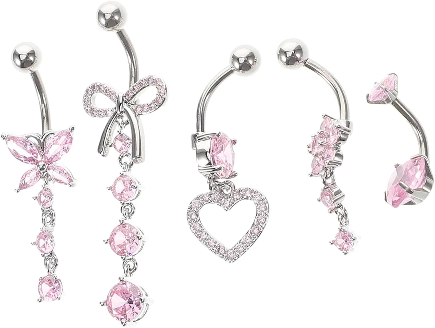 Elegant Stainless Steel Belly Button Piercing Set 5pcs Pink Dangle Navel Rings Fake Zirconia for Women