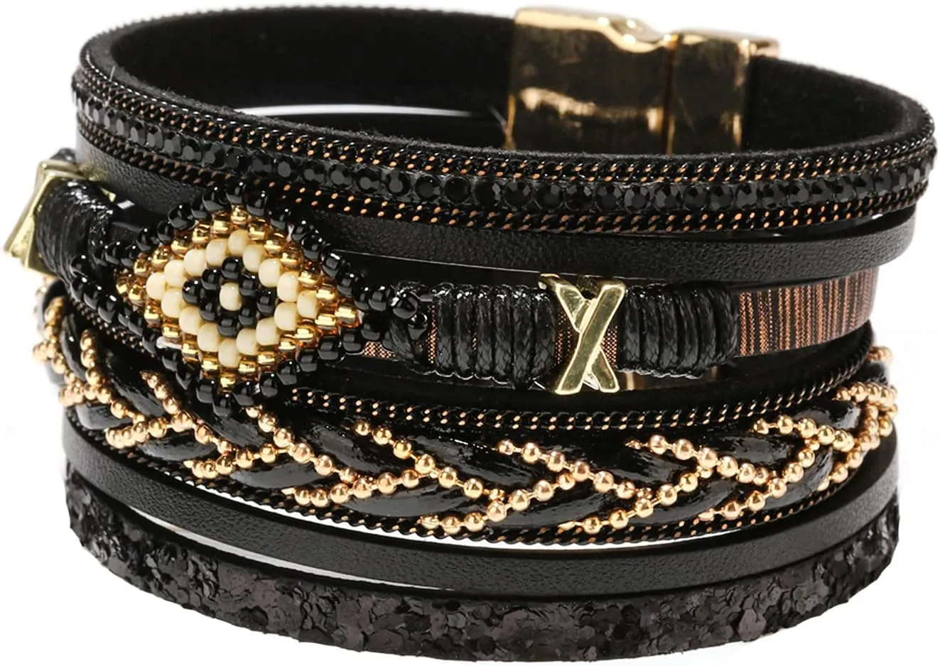 Ethnic Leather Bracelet Layered Leather Bracelet Bohemian Jewelry Hand-Woven Khaki Leather Bangle Gift For Women