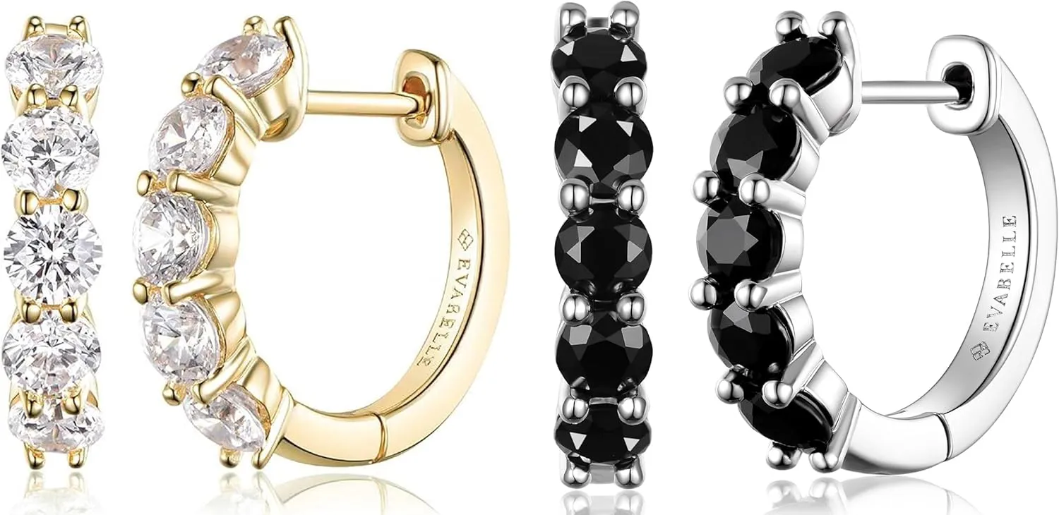 Evabelle 2 Pieces Gold Hoop Earrings for Women 14K Real Gold Plated Black Huggie Hoop Earring for Men Diamond Cut Cubic Zirconia Cuff Earrings s925 Sterling Silver Post Hypoallergenic