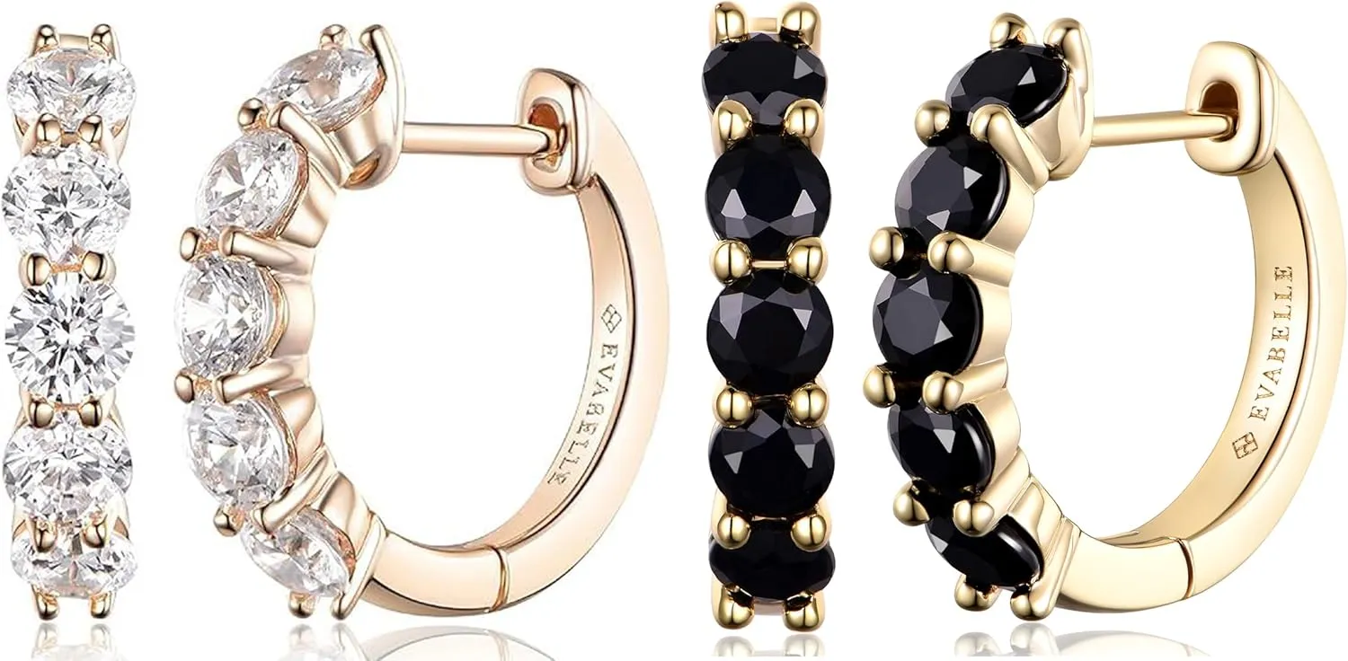 Evabelle 2 Pieces Rose Gold Hoop Earrings for Women 14K Rose Gold Plated Huggie Hoop Earring Diamond Cut Cubic Zirconia Cuff Earrings s925 Sterling Silver Post Hypoallergenic