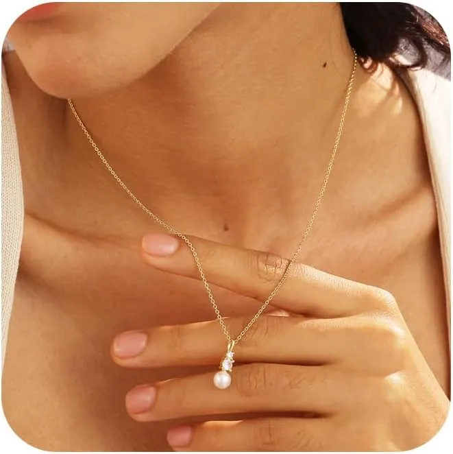 Ewrkbr Gold Necklace for Women, 14k Gold Plated Layered Cubic Zirconia Necklaces Dainty Gold Pendant Simple Layered Gold Necklaces for Women Trendy Small CZ Pearl Necklace Gold Jewelry for Women