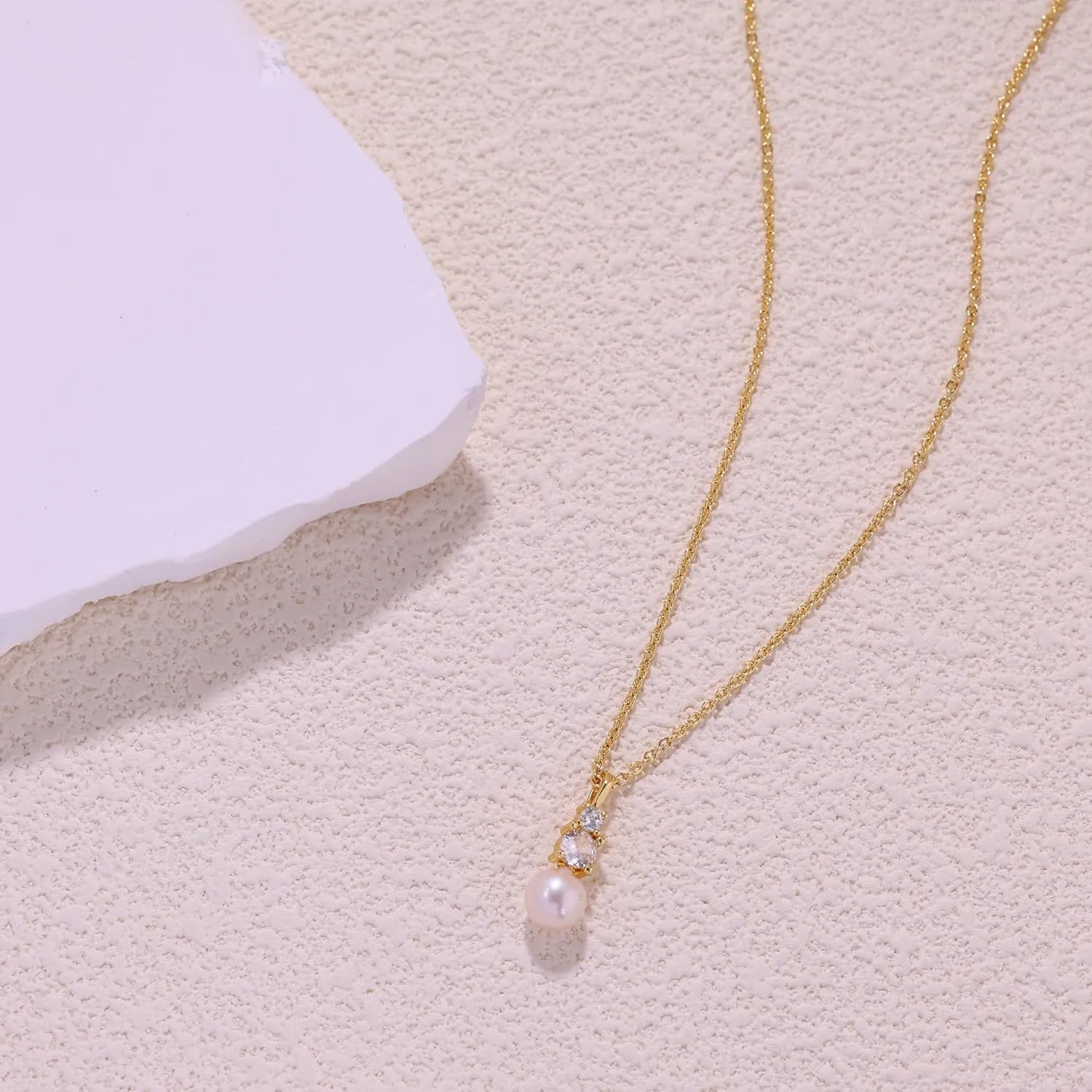 Ewrkbr Gold Necklace for Women, 14k Gold Plated Layered Cubic Zirconia Necklaces Dainty Gold Pendant Simple Layered Gold Necklaces for Women Trendy Small CZ Pearl Necklace Gold Jewelry for Women